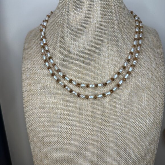 Anne Klein Vintage Long Faux Pearl & Gold-Tone Beaded Necklace Double Strand Wea - Picture 8 of 15
